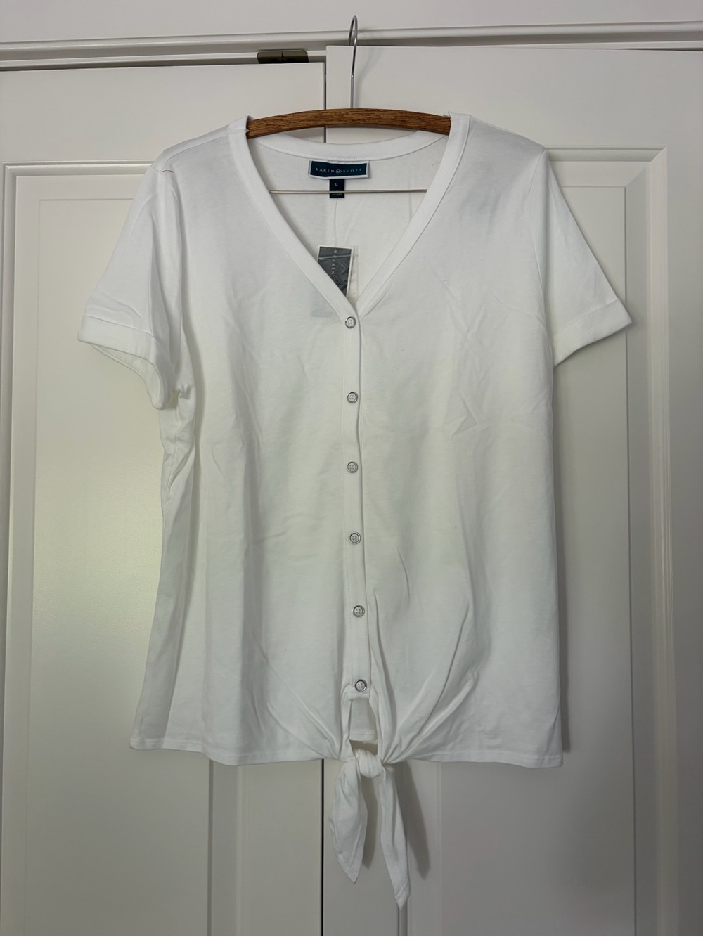 Karen Scott White Short-Sleeve Button-Front Tie Hem Top NWT size L